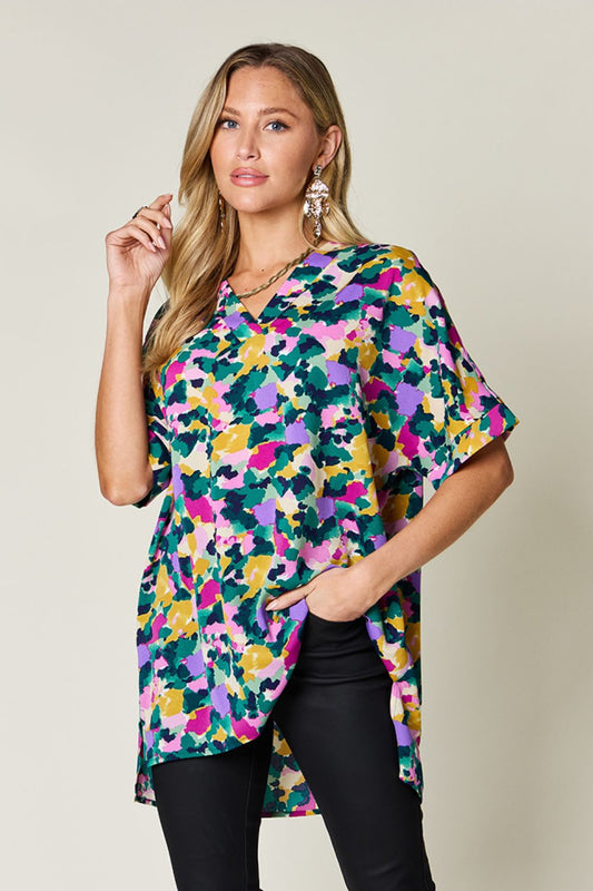 Double Take Full Size Printed V-Neck Short Sleeve Side Slit Top nicholesgifts