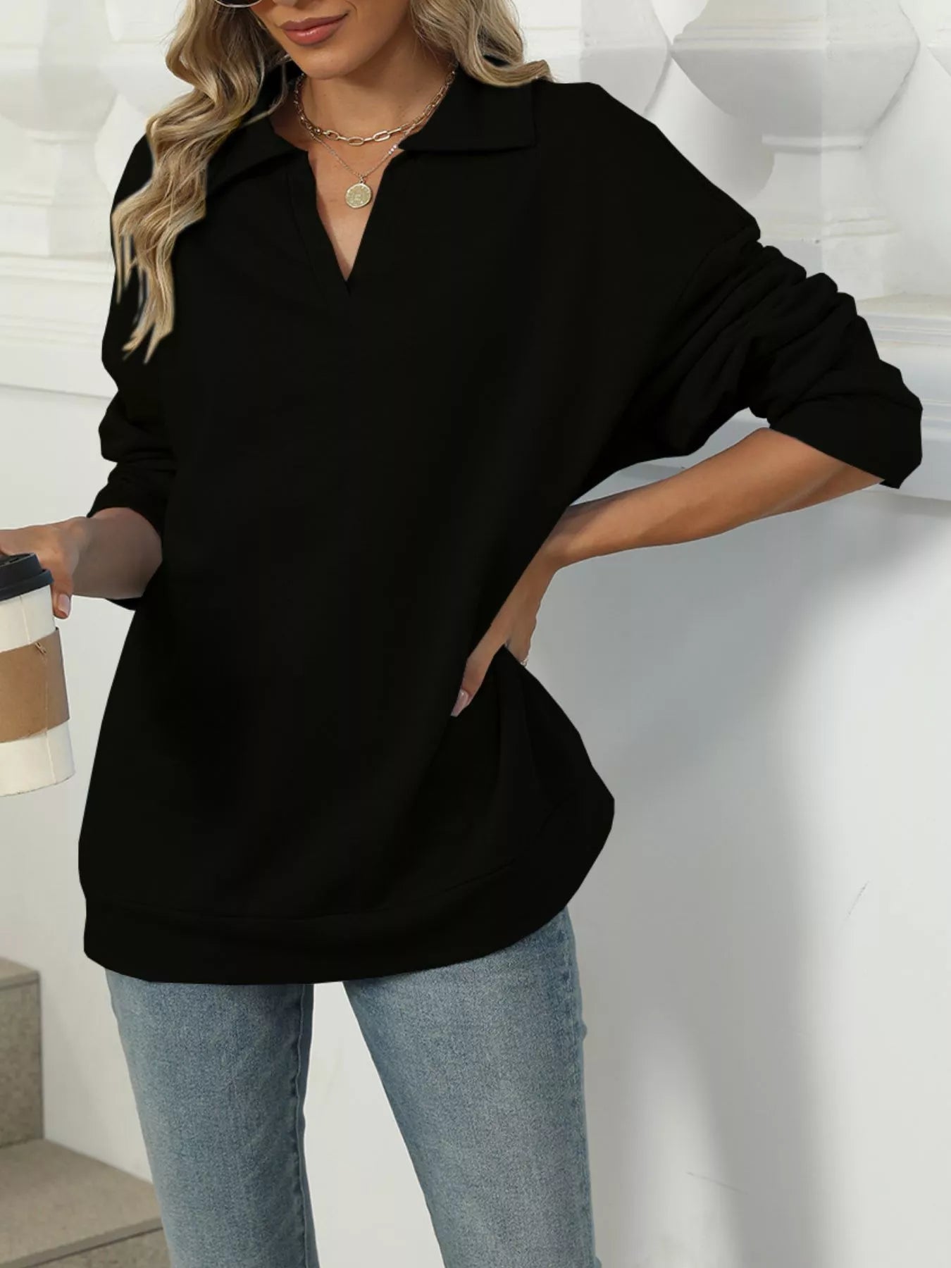 Johnny Collar Long Sleeve Sweatshirt Trendsi