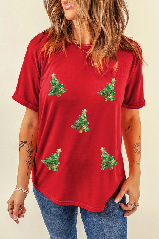 Sequin Christmas Tree Round Neck Short Sleeve T-Shirt NicholesGifts