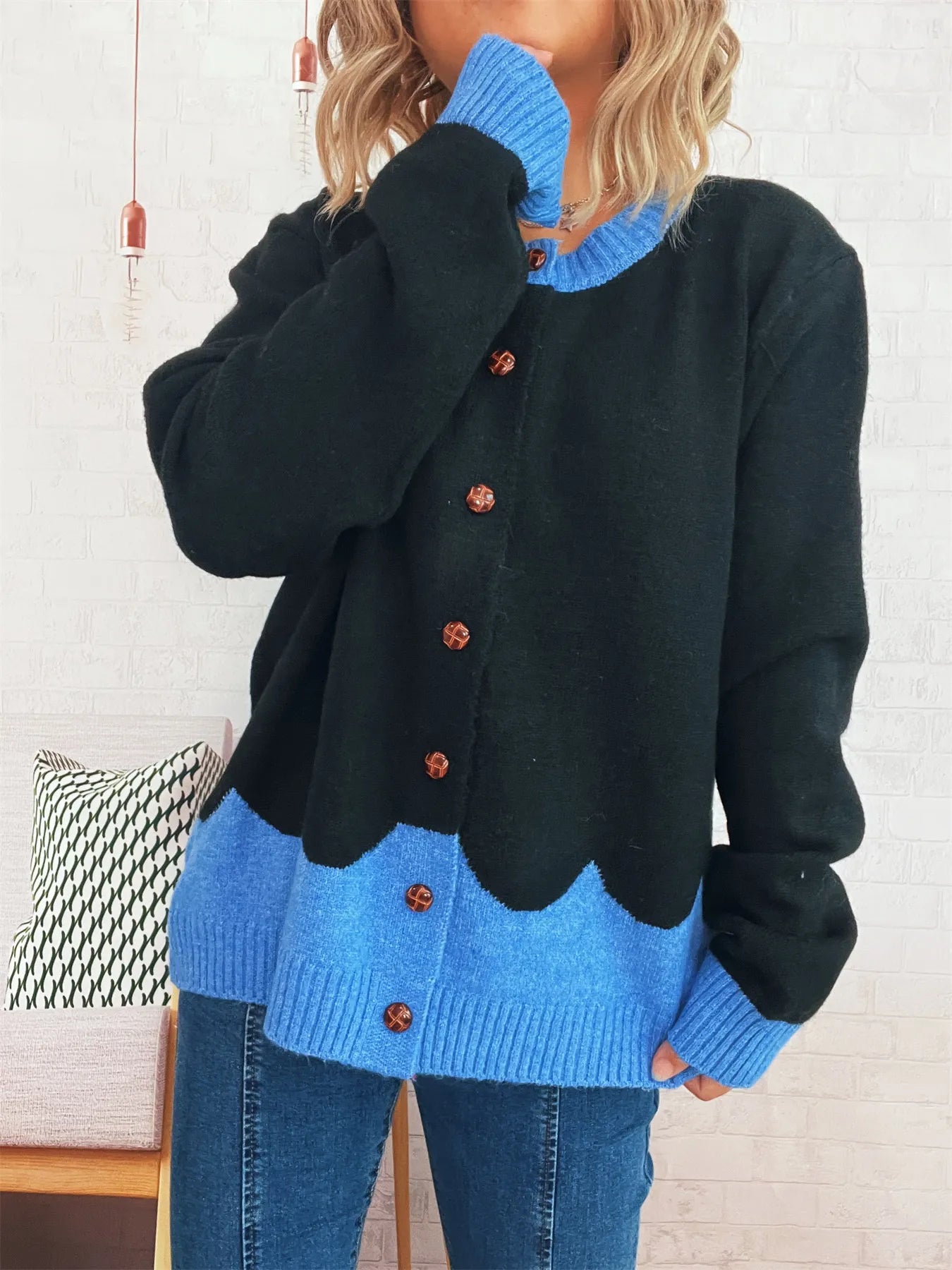 Button-Front Contrast Trim Cardigan