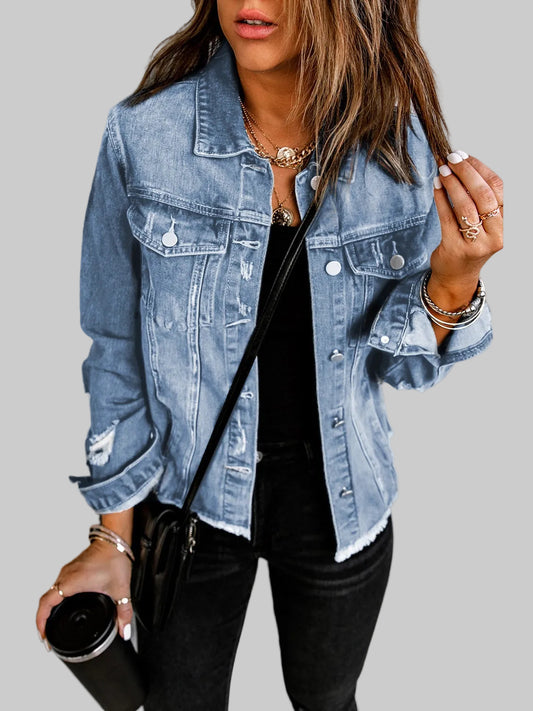 Distressed Raw Hem Denim Jacket nicholesgifts