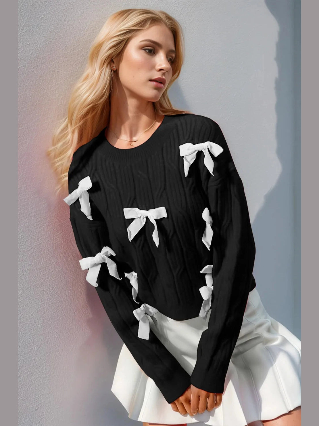Double Take Full Size Bow Cable-Knit Round Neck Sweater Trendsi