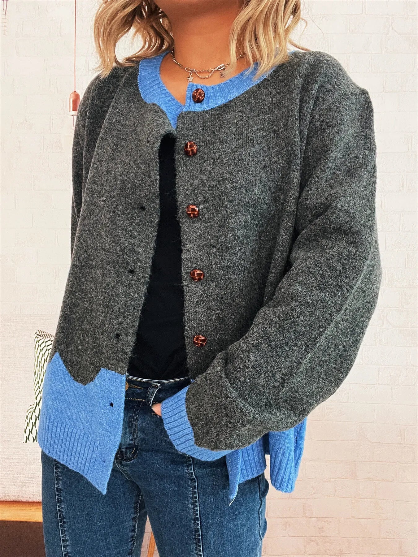 Button-Front Contrast Trim Cardigan