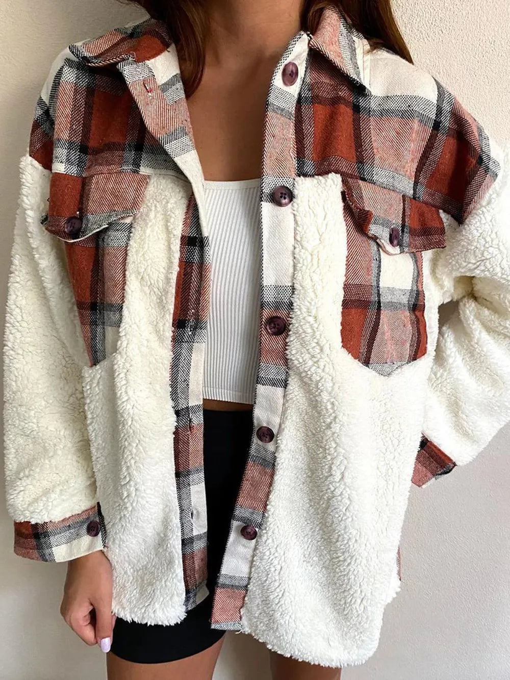 Fuzzy Button Up Long Sleeve Jacket nicholesgifts