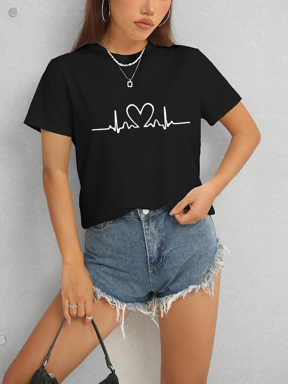 Heart Round Neck Short Sleeve T-Shirt nicholesgifts