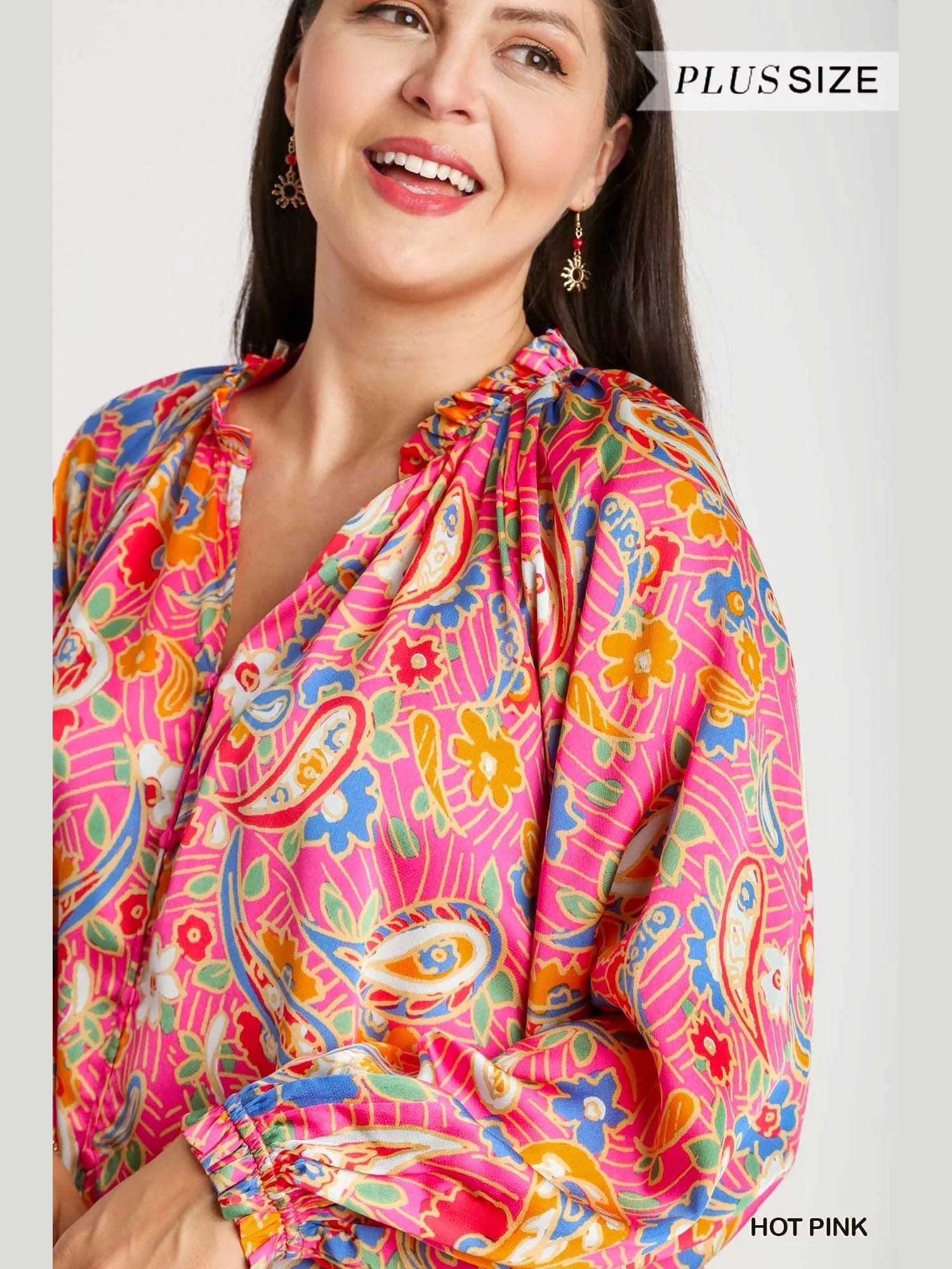 Umgee Full Size Satin Paisley Ruffle Neck Button-Up Shirt Plus Size NicholesGifts