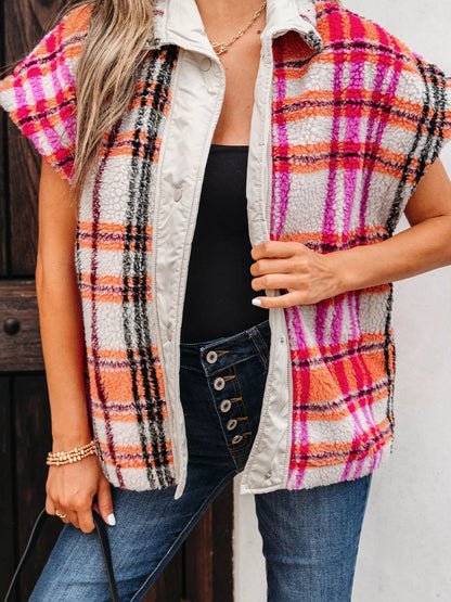 Sherpa Plaid Snap Down Vest Coat nicholesgifts