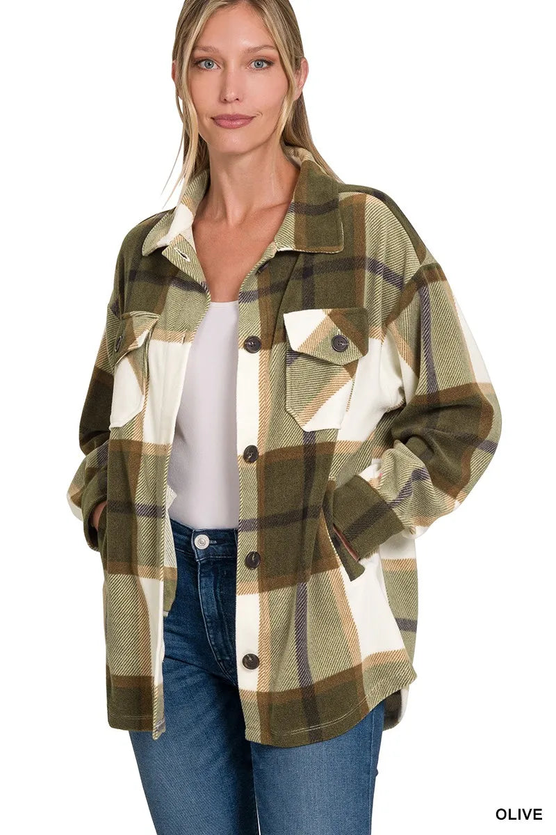 Zenana Oversized Plaid Fleece Shacket Trendsi