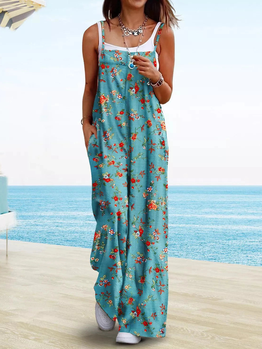 Full Size Floral Print Wide Leg Casual Jumpsuit Plus Size nicholesgifts
