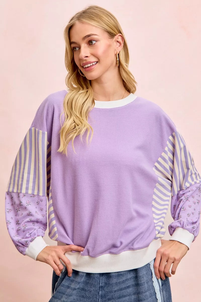 BiBi Mix and Match Sweatshirt with Floral Sleeve Striped Trendsi