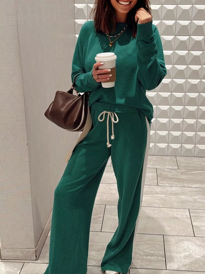 Round Neck Top and Stripe Detail Drawstring Pants Set nicholesgifts