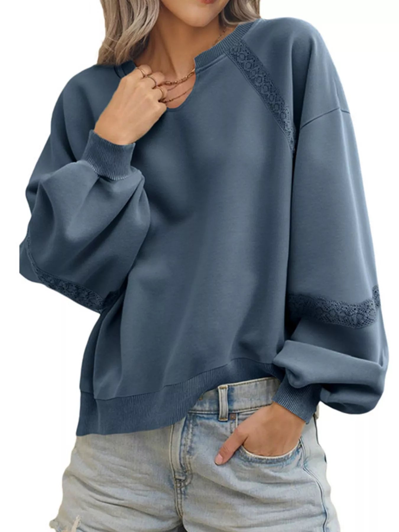 Lace Detail Notched Long Sleeve Sweatshirt Trendsi