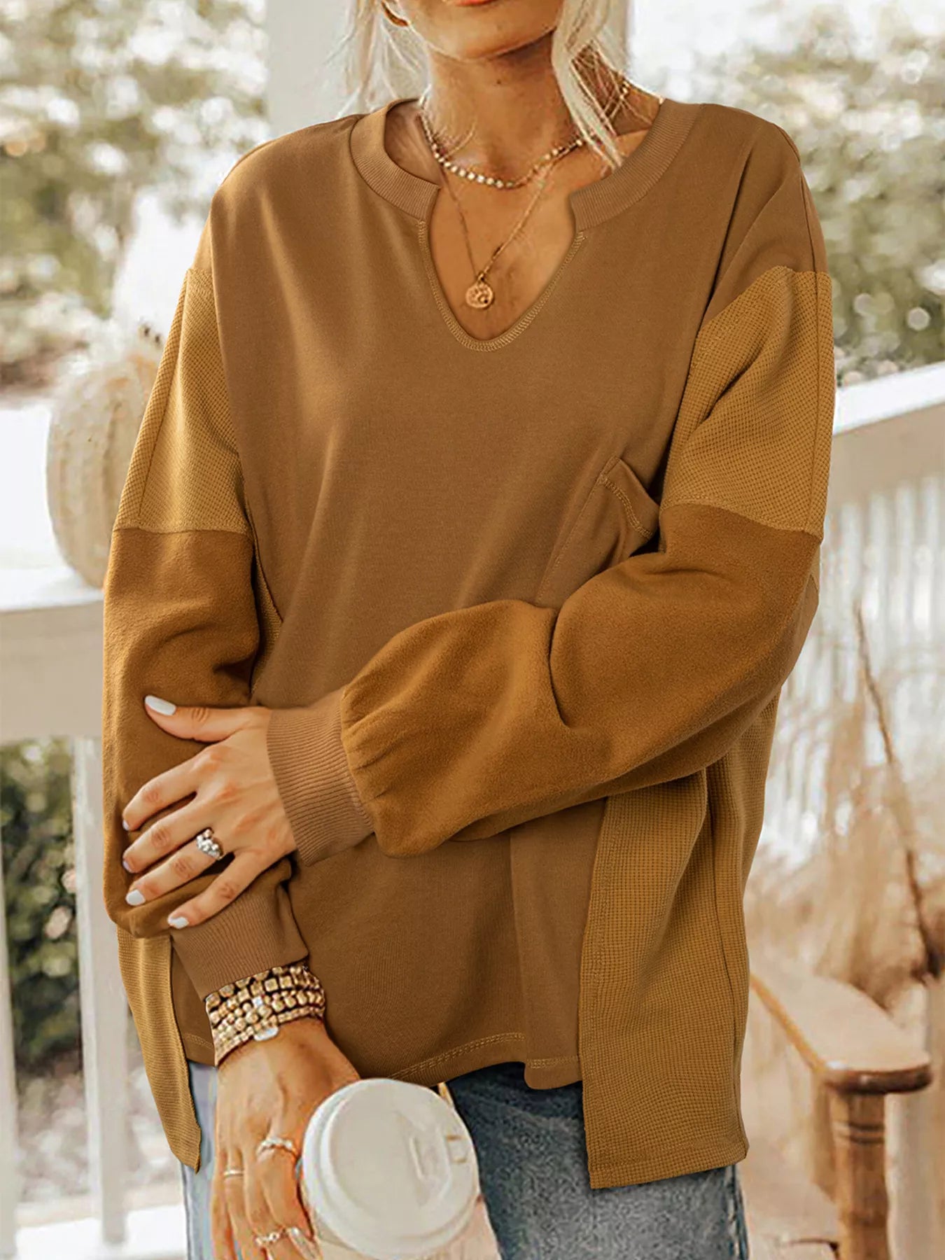 Oversized Textured Split Neck High Low Sweatshirt Trendsi