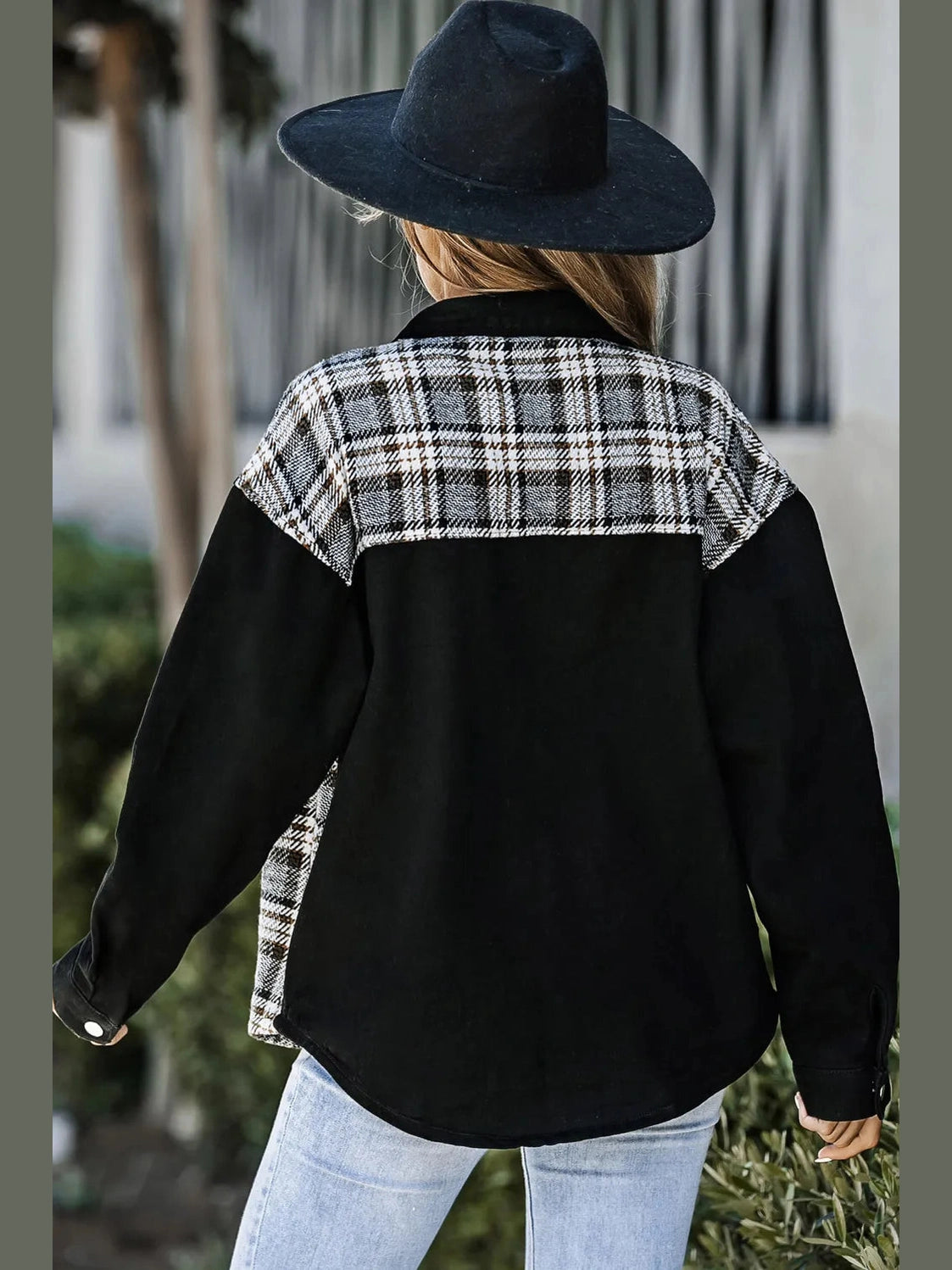 Plaid Pocketed Button Up Denim Jacket nicholesgifts