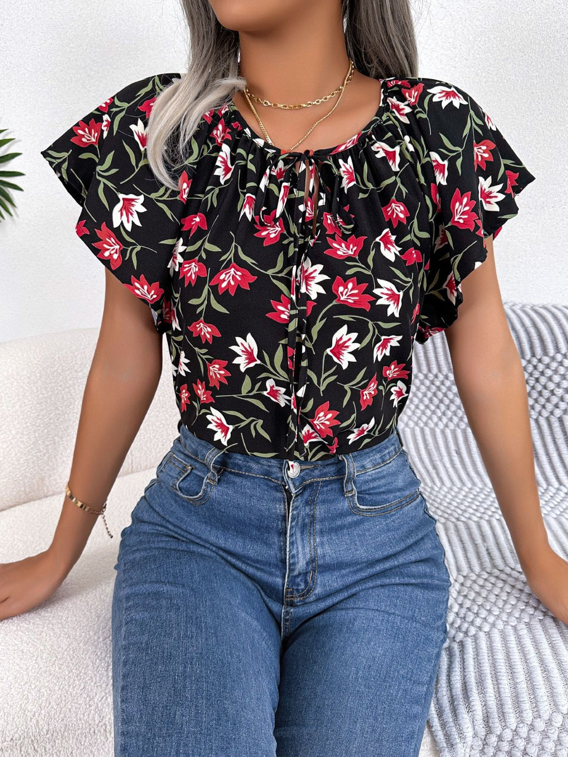 Floral Tie Neck Flutter Sleeve Blouse nicholesgifts