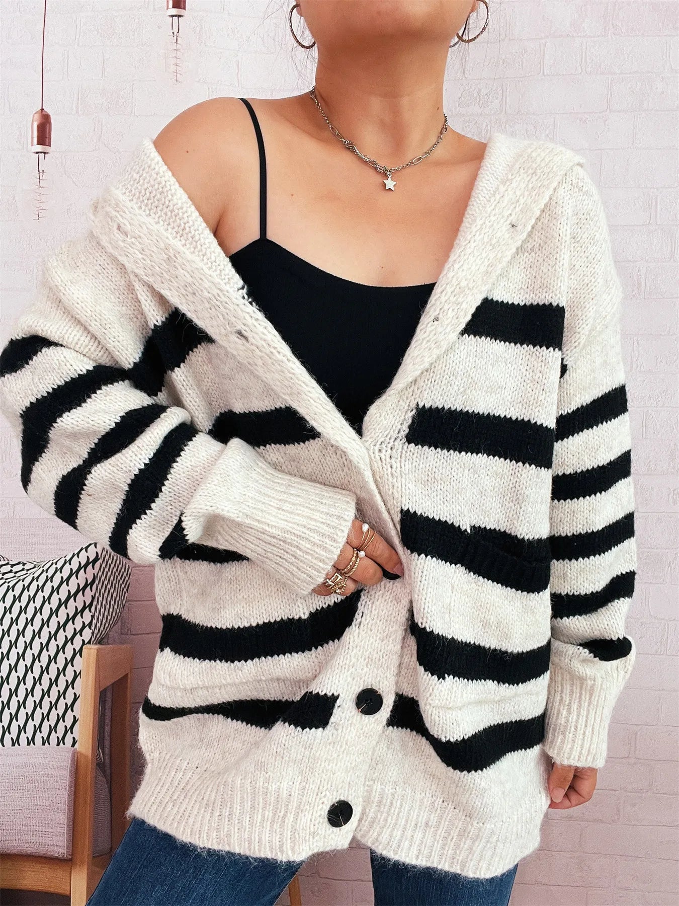Striped Button-Up Hooded Cardigan