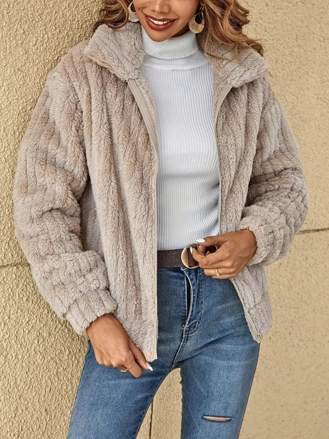 Plush Zip Up Long Sleeve Jacket nicholesgifts