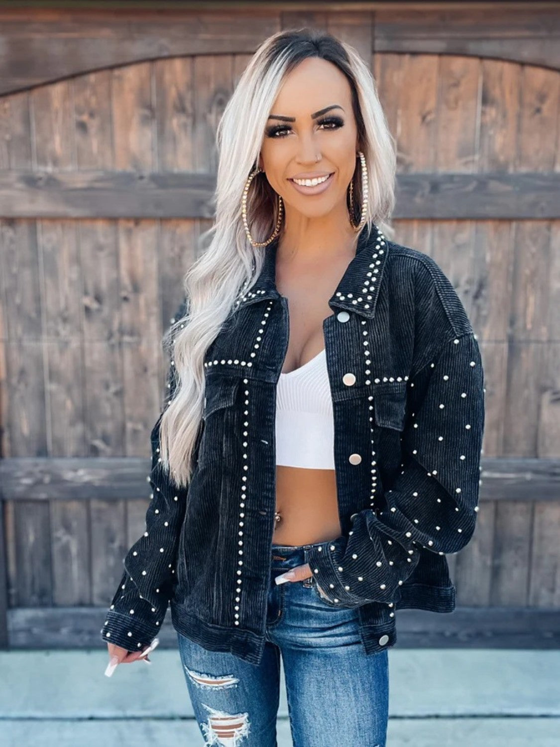 Studded Collared Neck Button Down Jacket nicholesgifts
