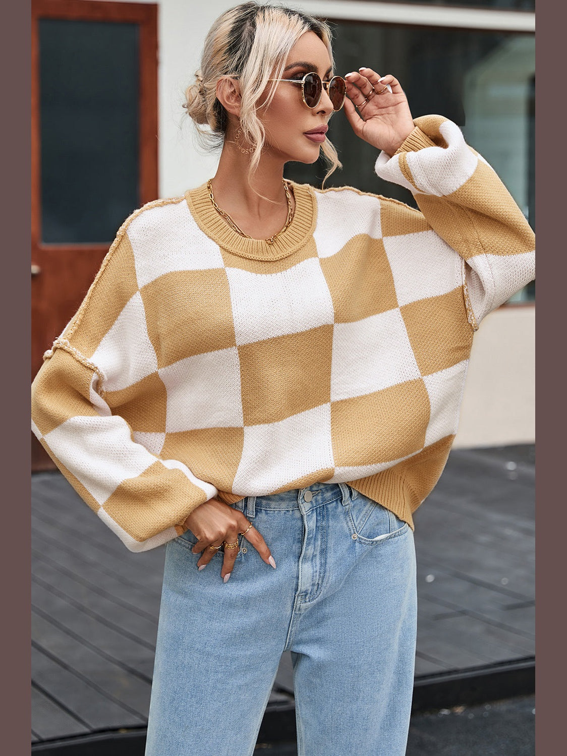 Checkered Exposed Seam Drooped Shoulder Sweater nicholesgifts