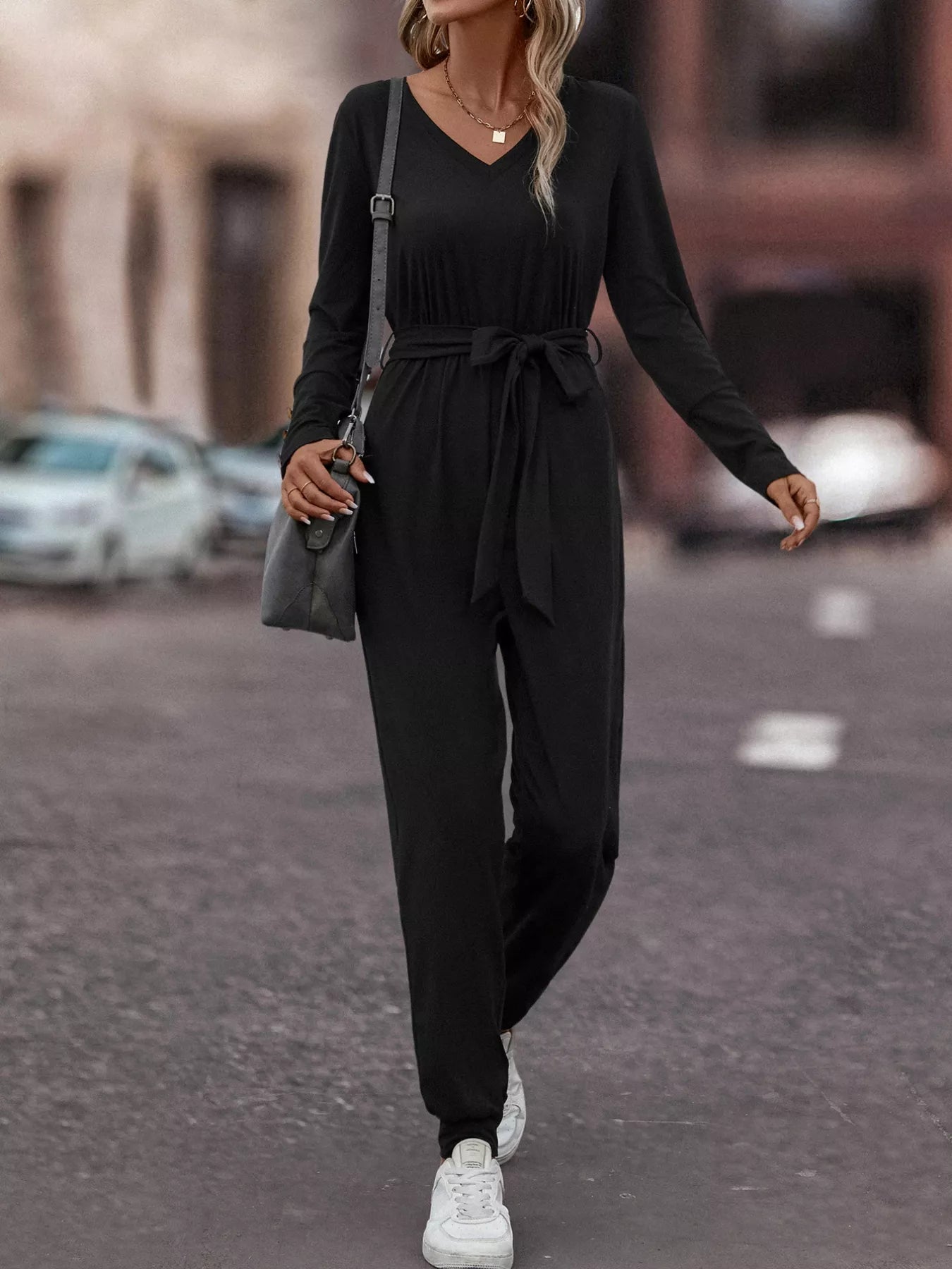 V-Neck Long Sleeve Tie Waist Jumpsuit nicholesgifts