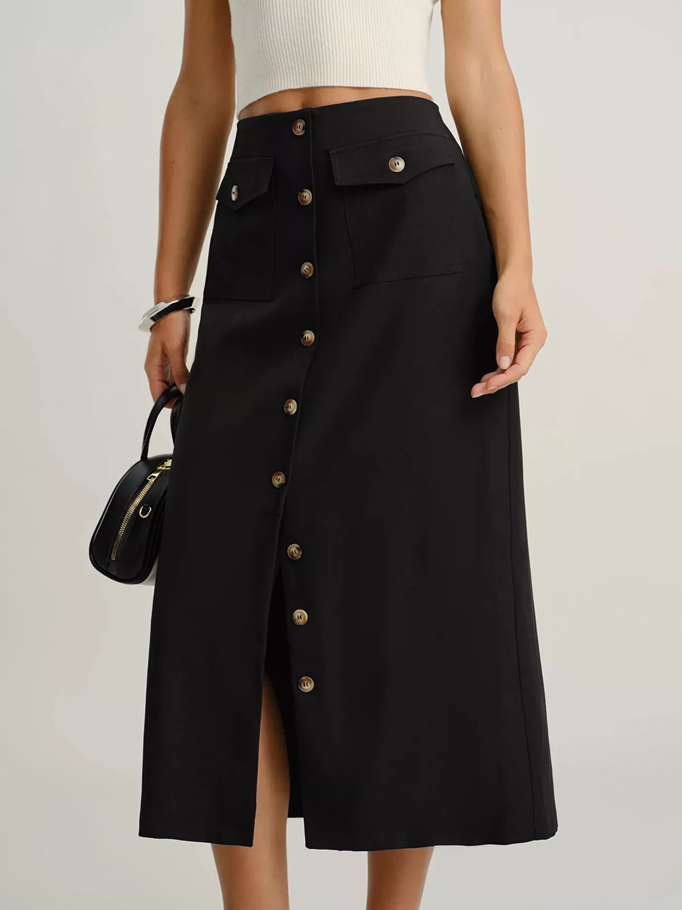 Women Button-Front Pocketed Midi Skirt nicholesgifts