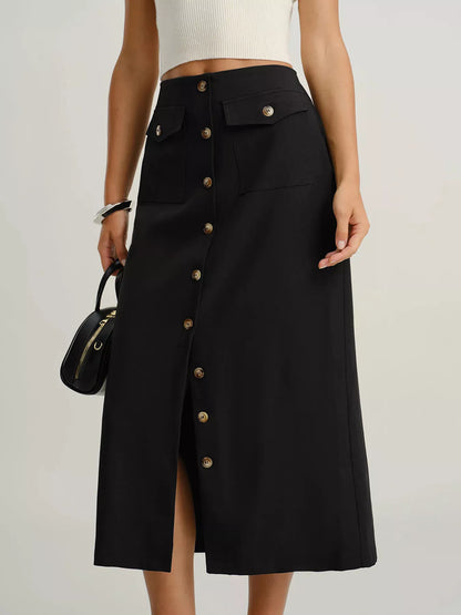 Women Button-Front Pocketed Midi Skirt nicholesgifts