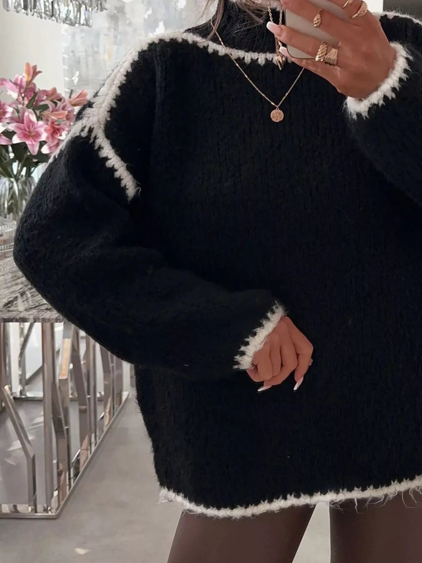 Contrast Trim Turtleneck Long Sleeve Sweater