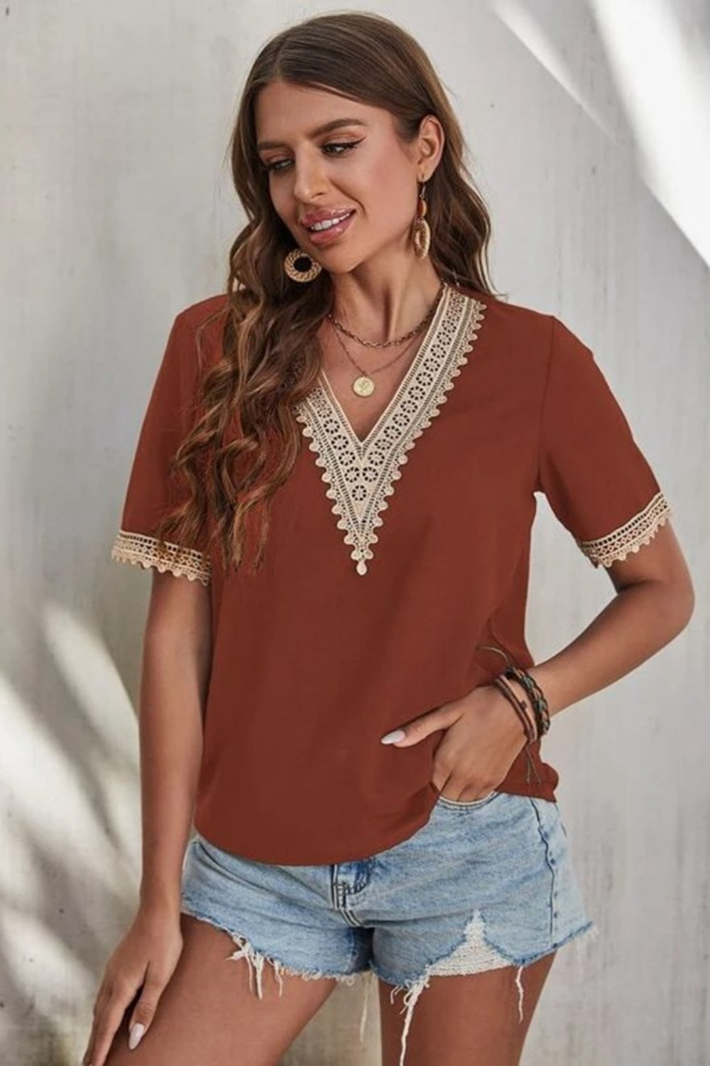 Full Size Lace Detail V-Neck Short Sleeve Blouse nicholesgifts