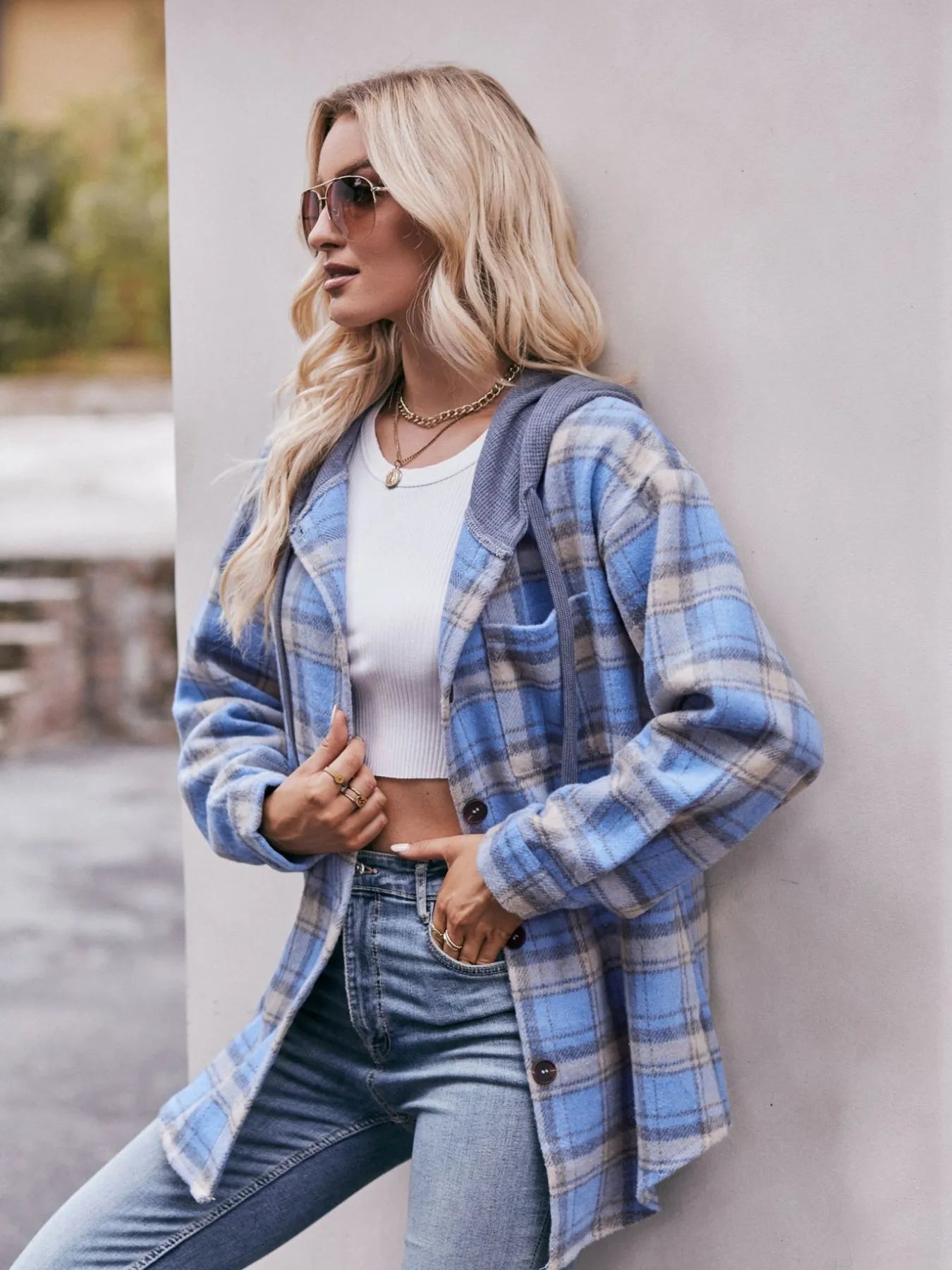 Oversized Plaid Button Up Shacket Trendsi
