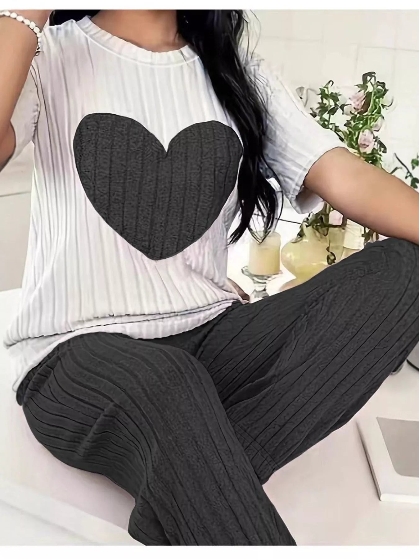 Heart Ribbed Knit Top and Pants Lounge Set nicholesgifts