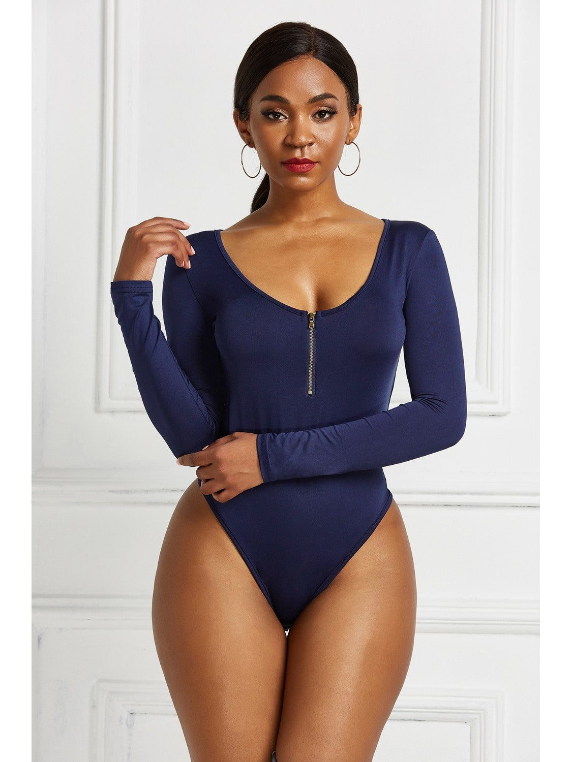 Women Half Zip Scoop Neck Long Sleeve Bodysuit nicholesgifts