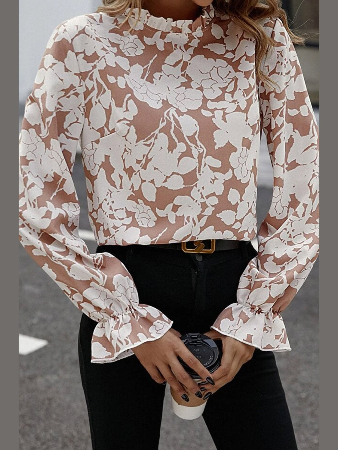 Floral Print Mock Neck Flounce Sleeve Blouse