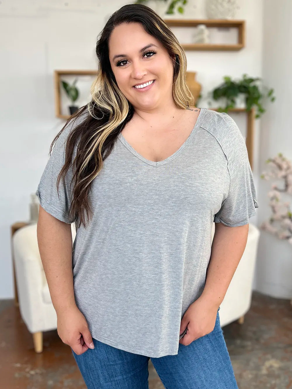 Basic Bae Full Size Bamboo Slit V-Neck Short Sleeve T-Shirt NicholesGifts