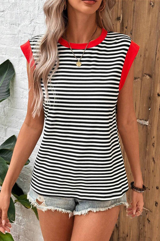 Striped Round Neck Cap Sleeve Top nicholesgifts