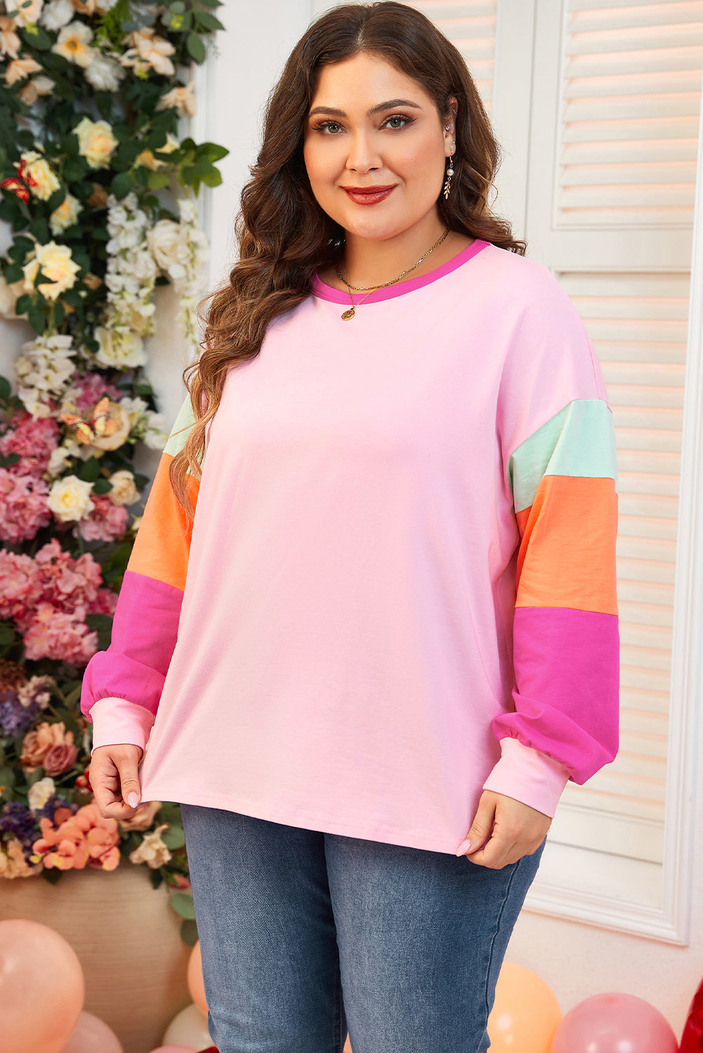 Plus Size Women Pink Colorblock Patchwork Long Sleeve Top