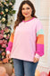 Plus Size Women Pink Colorblock Patchwork Long Sleeve Top