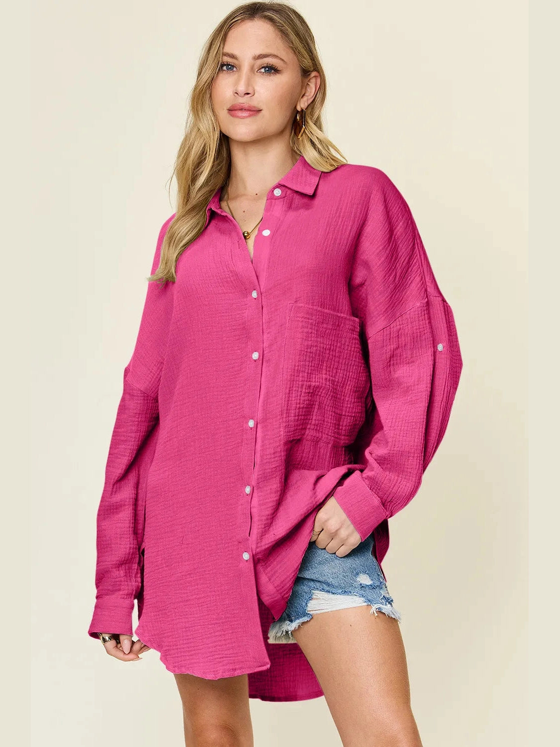 Double Take Full Size Pocketed Texture Button Up Shirt