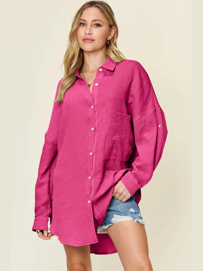 Women Double Take Full Size Pocketed Texture Button Up Shirt NicholesGifts