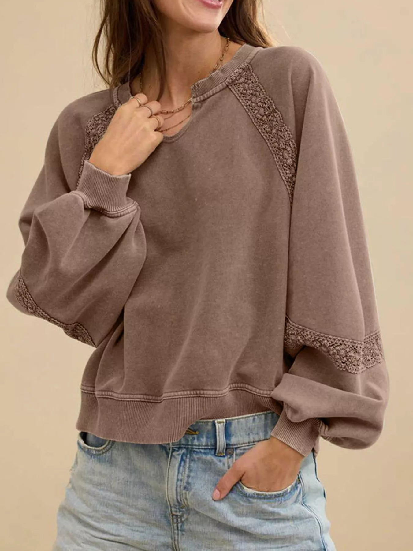 Lace Detail Notched Long Sleeve Sweatshirt Trendsi