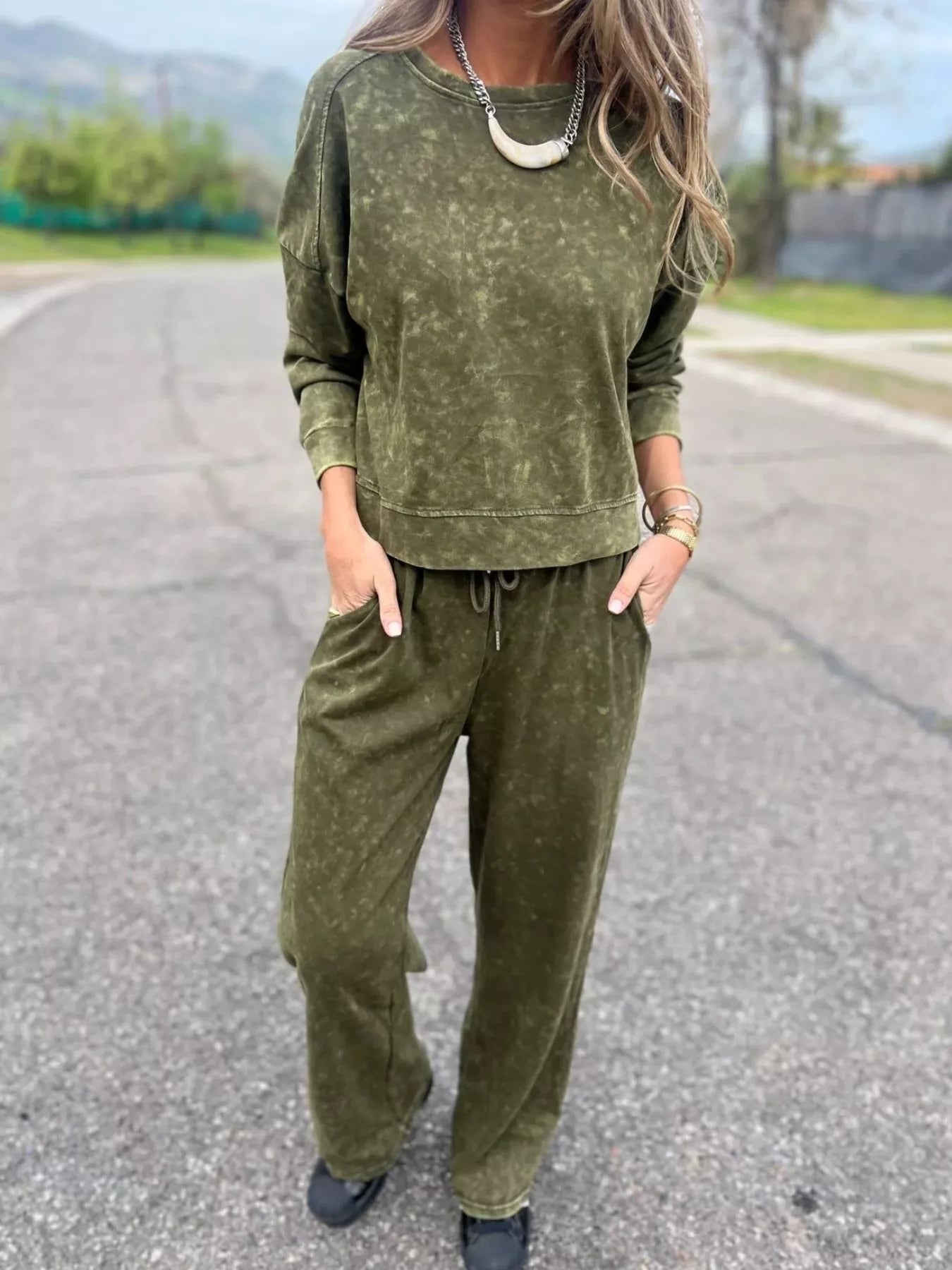 Full Size Washed Round Neck Top and Drawstring Pants Set Plus Size nicholesgifts