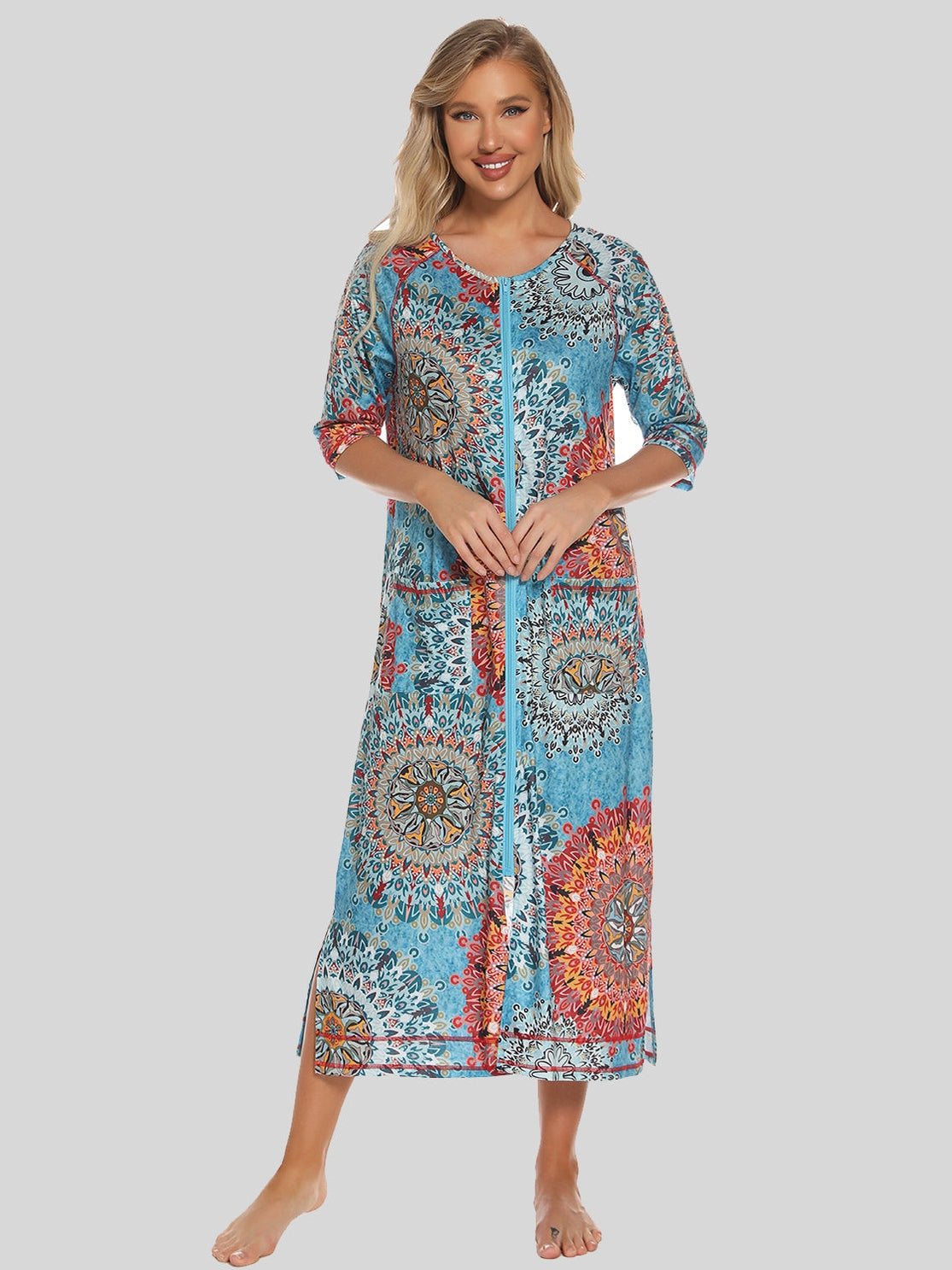Printed Slit Night Dress with Pockets nicholesgifts