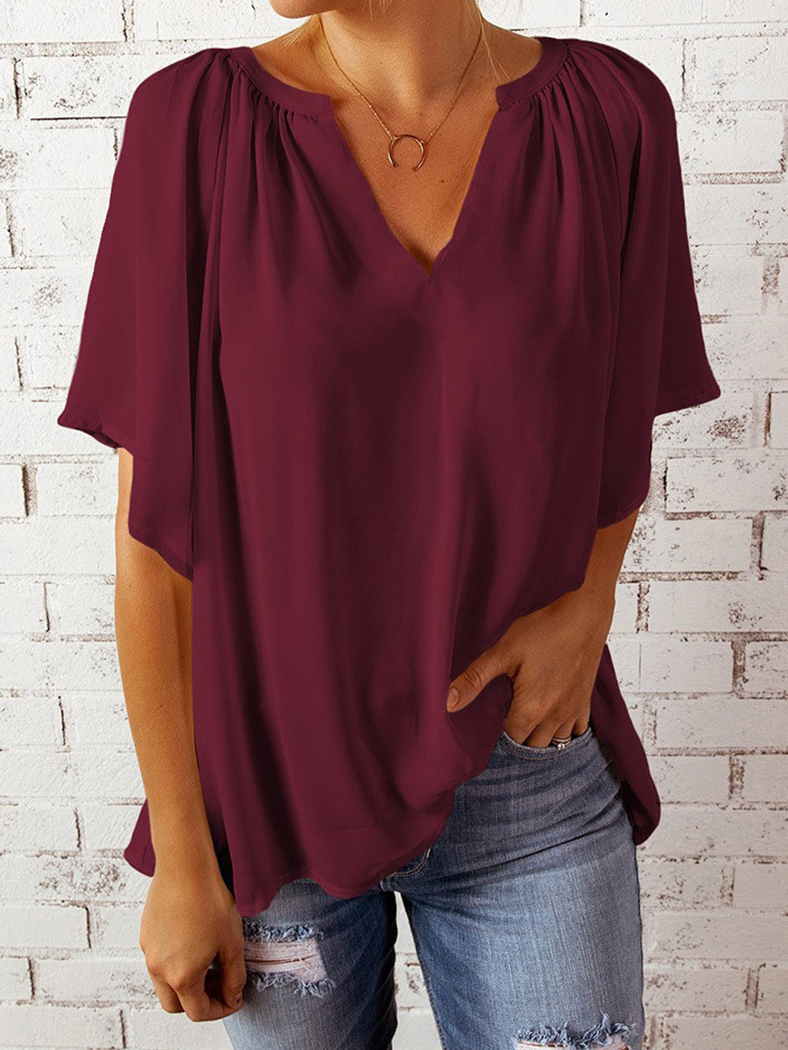 Ruched Notched Half Sleeve Blouse nicholesgifts