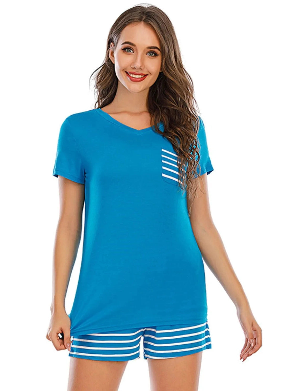 Striped Short Sleeve Top and Shorts Lounge Set nicholesgifts
