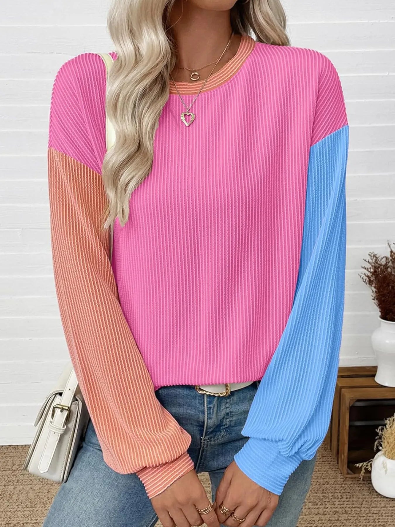 Color Block Ribbed Long Sleeve T-Shirt Trendsi