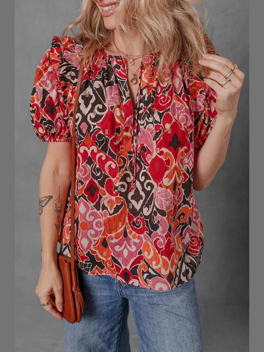 Ethnic Print Split Neck Short Puff Sleeve Blouse NicholesGifts