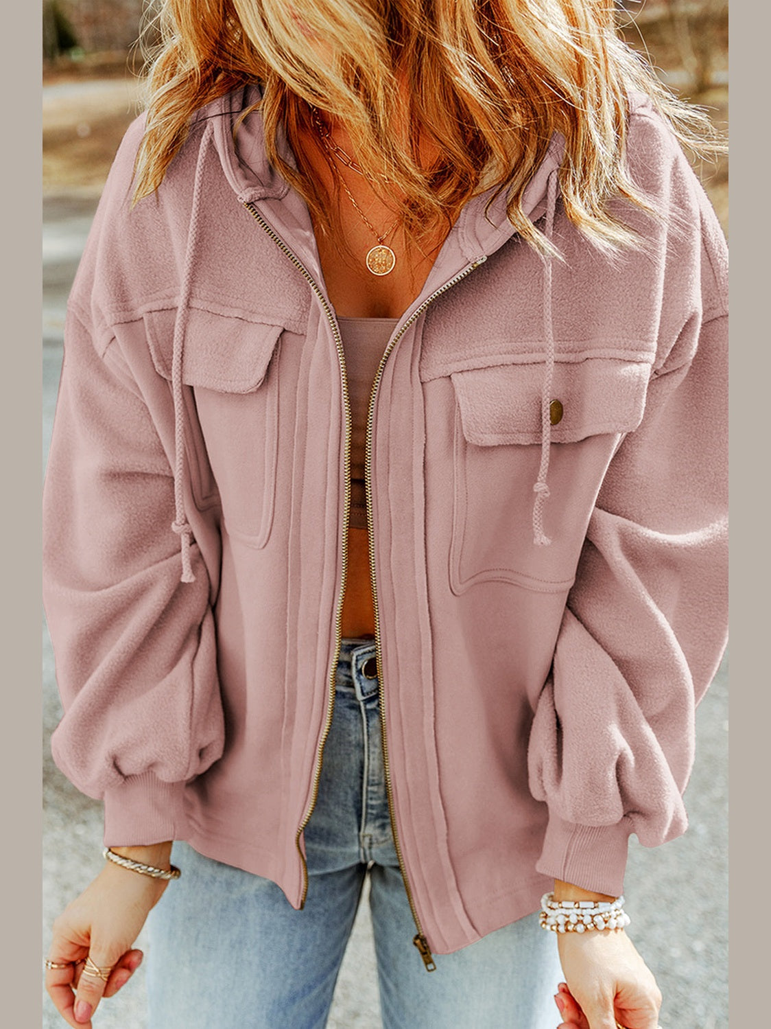 Zip-Up Drawstring Hooded Jacket nicholesgifts