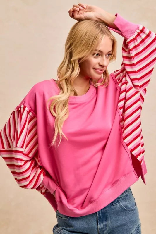 BiBi French Terry Stripe Combo Sweatshirt with Open Seam Trendsi