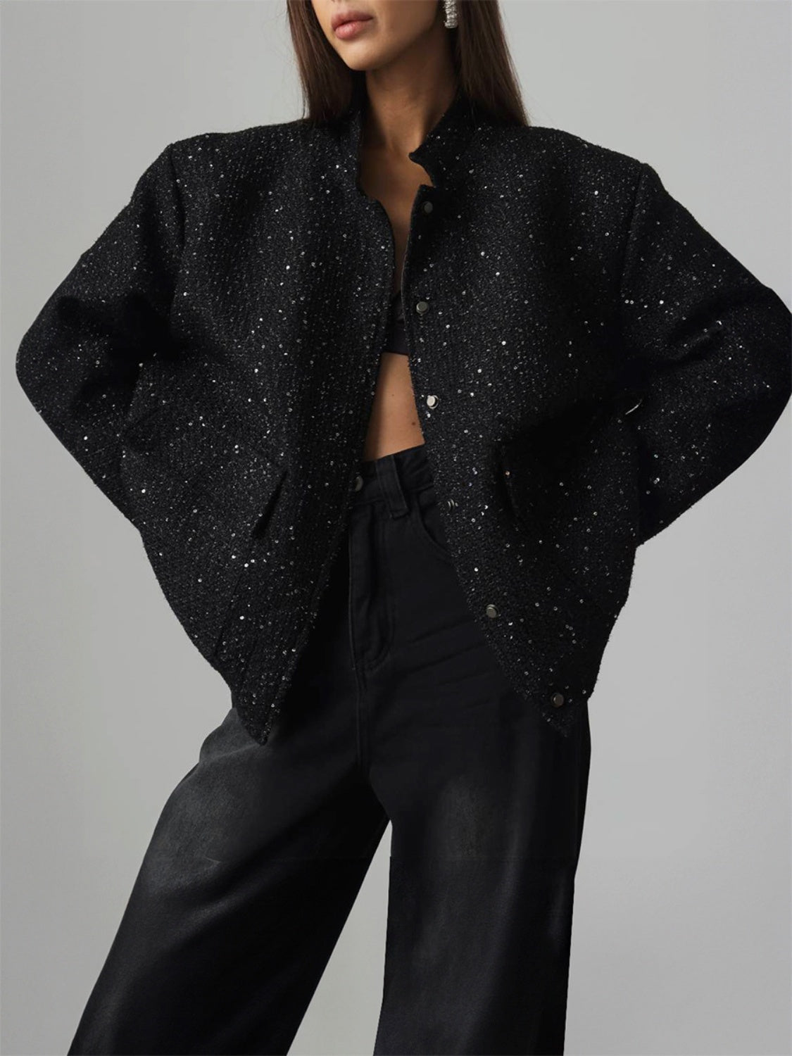 Sequin Detail Pocketed Long Sleeve Jacket nicholesgifts