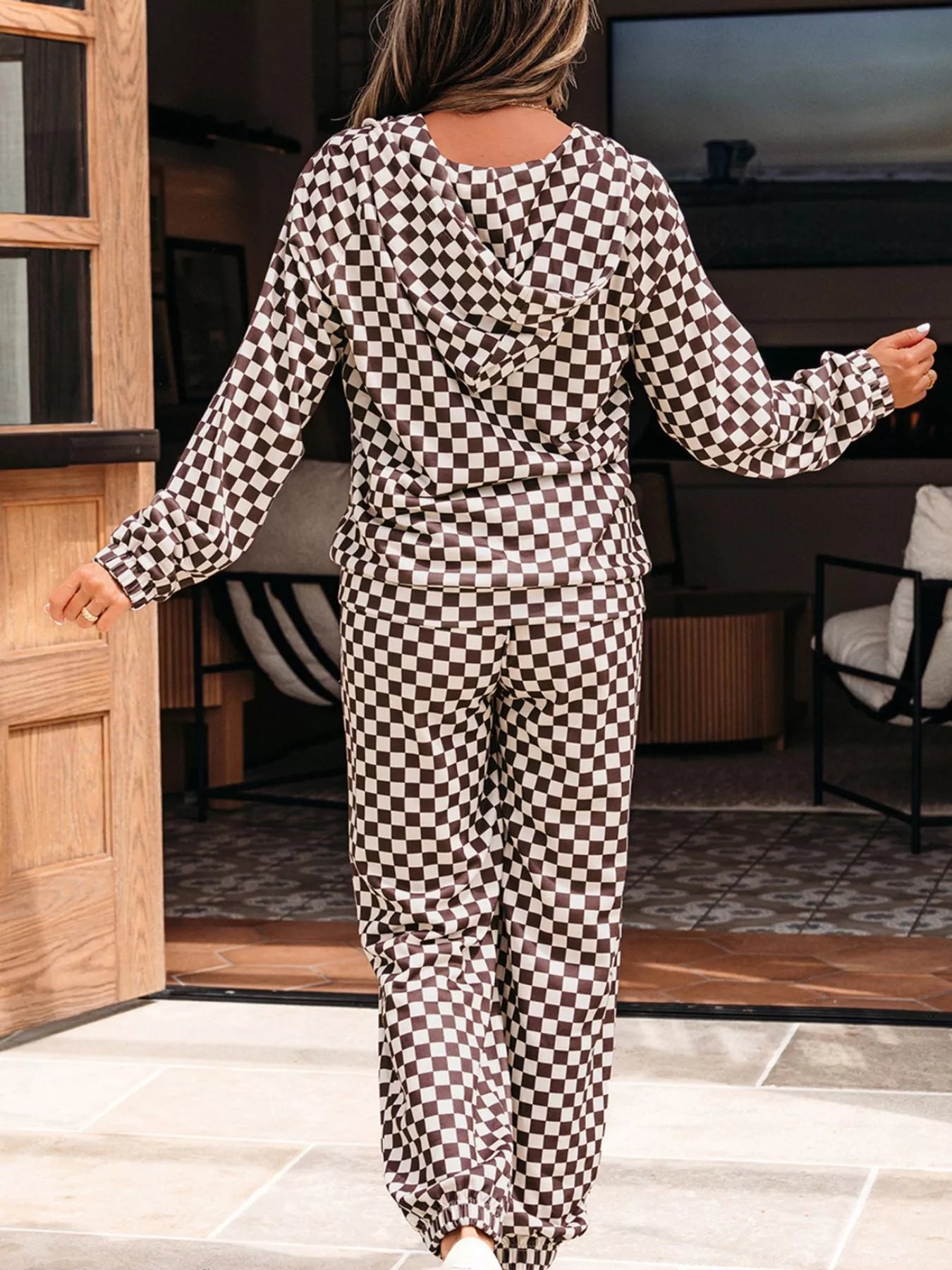 Checkered Drawstring Hoodie and Pants Set Trendsi