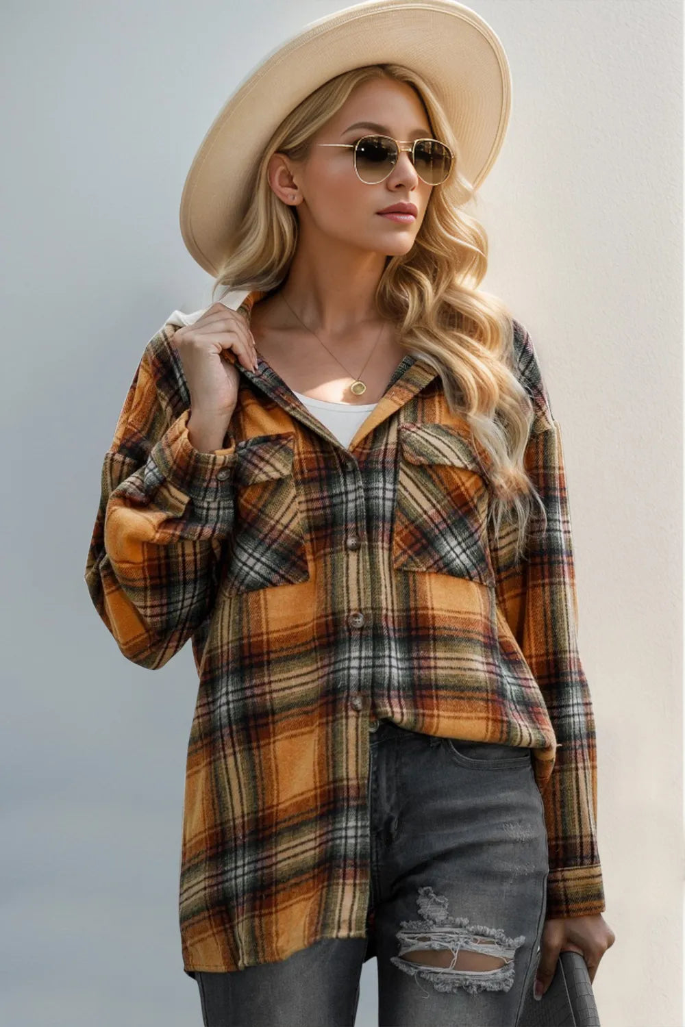 Double Take Drawstring Plaid Long Sleeve Hooded Shacket Trendsi